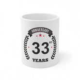 White ceramic 33rd anniversary printed coffee mug, 330ml capacity